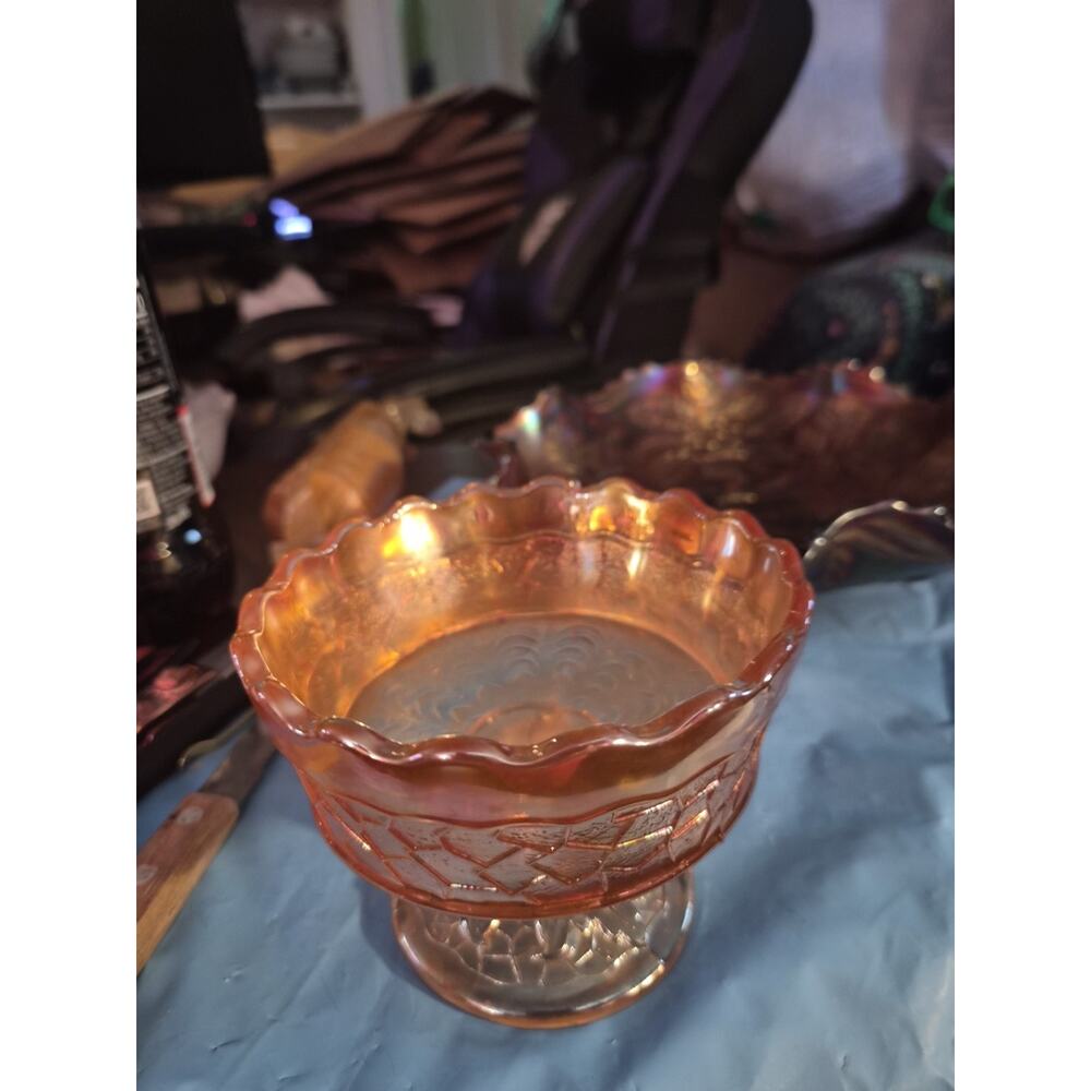 Vintage 1960s Dugan 'Maple Leaf' Marigold Carnival Glass Compote